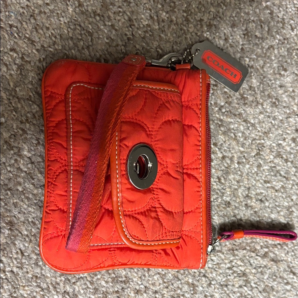 Coach Quilted Bright Orange Wristlet with Turn-Lock Detail